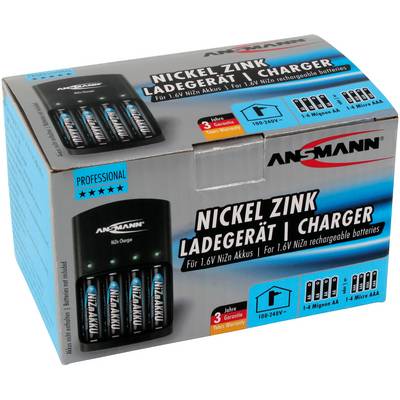 Battery Charger with four inserted Nickel-Zinc batteries, packaging text: 'Nickel Zinc Charger'. Includes details regarding warranty and compatibility.