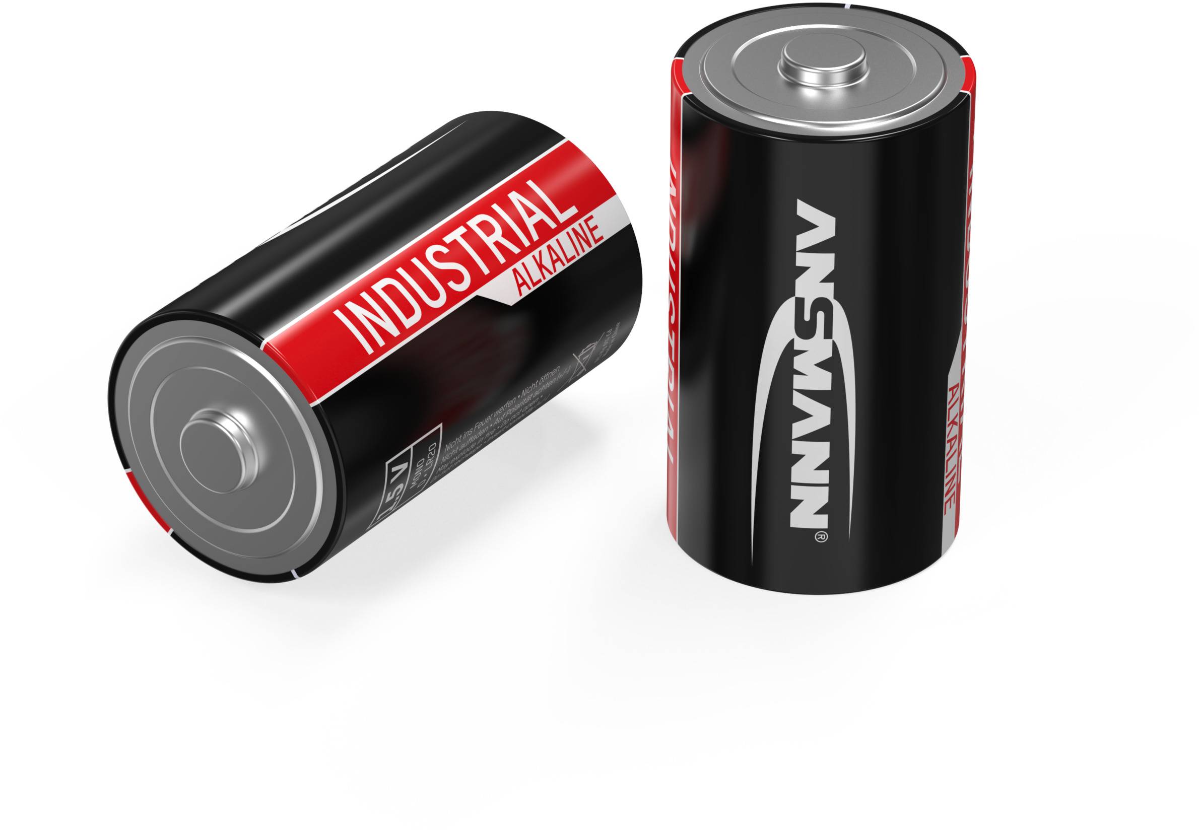 Two black alkaline batteries with red labels, standing side by side. One battery is upright, the other is lying on its side.
