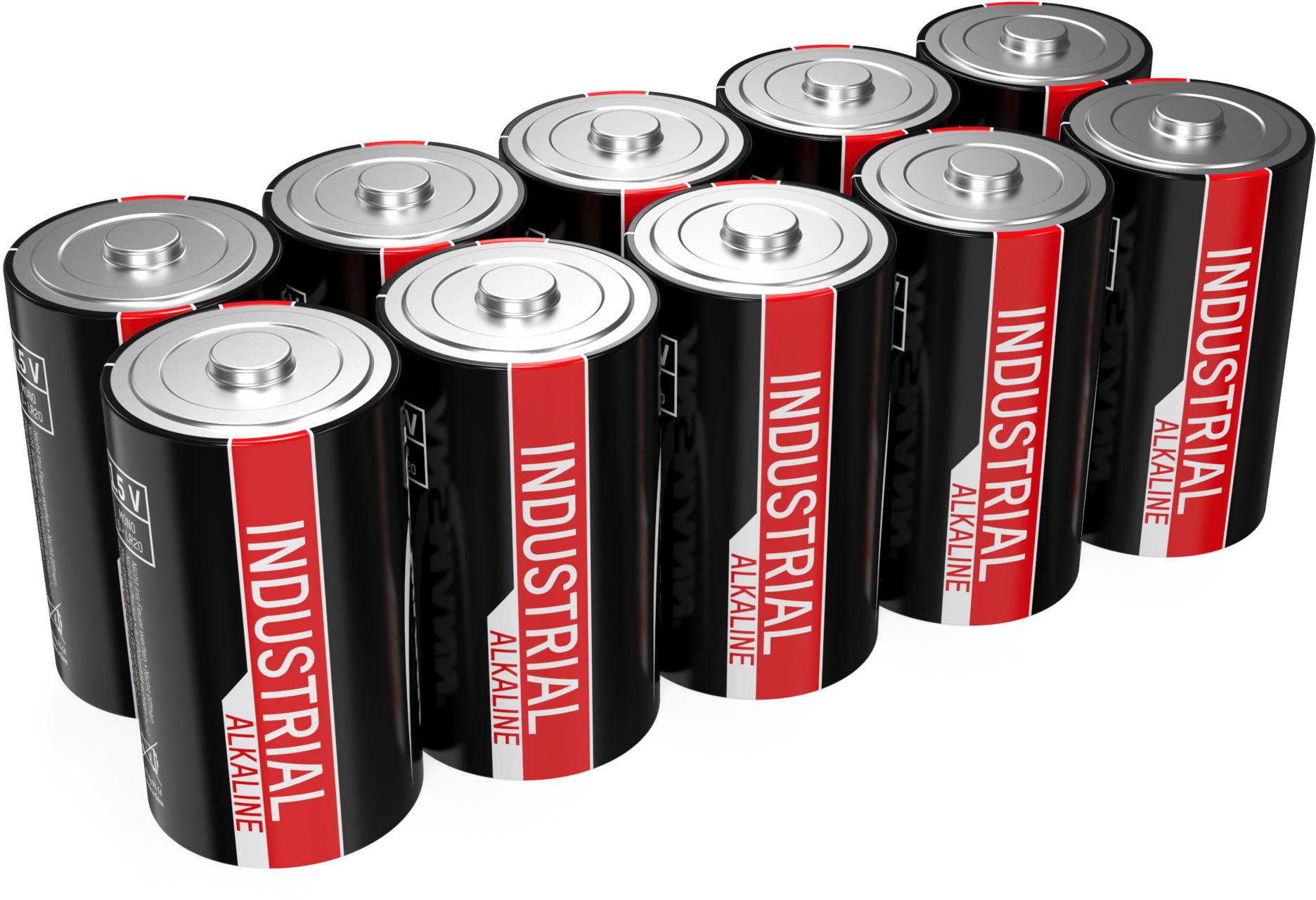Ten black industrial round cell batteries with a red stripe and 'INDUSTRIAL ALKALINE' inscription, arranged in two rows.
