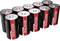 Ten black industrial round cell batteries with a red stripe and 'INDUSTRIAL ALKALINE' inscription, arranged in two rows.