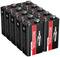 Ten rectangular industrial batteries arranged side by side in black with silver contacts and red printed text 'Industrial Alkaline'.