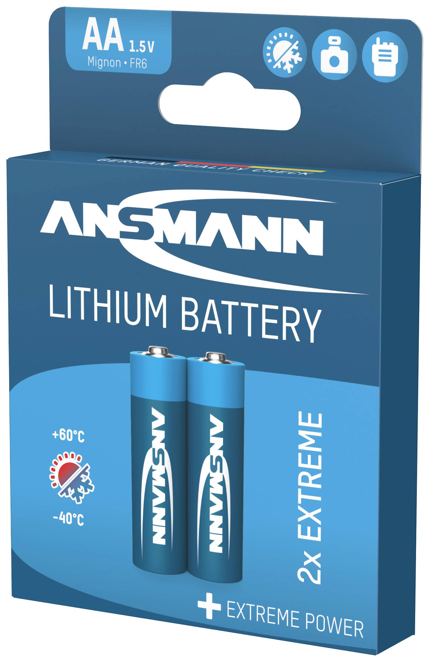 Ansmann battery pack with 2 AA lithium batteries, suitable for extreme temperatures between -40°C and +60°C.