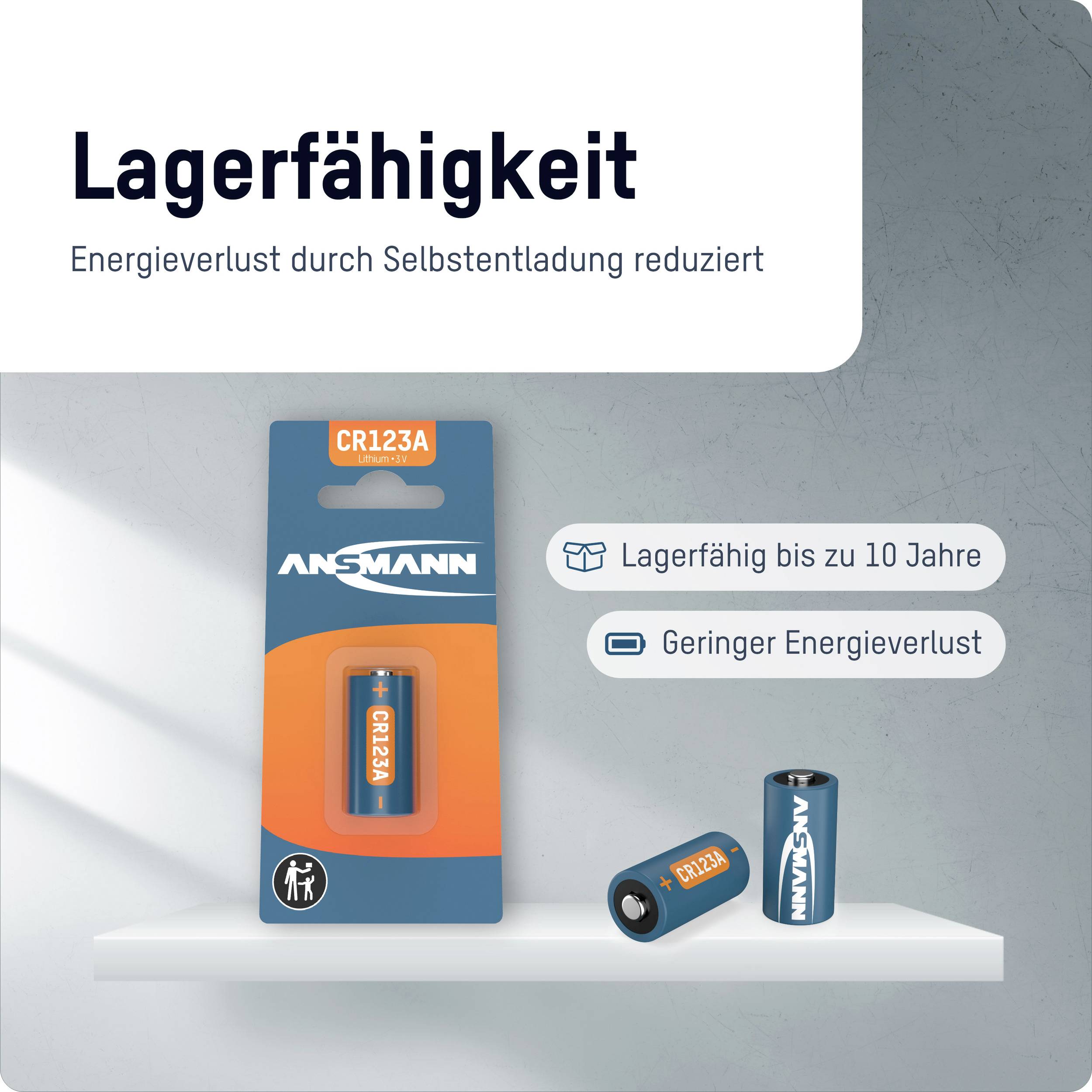 'Packaging and two batteries with text: Storable for up to 10 years, minimal energy loss.'