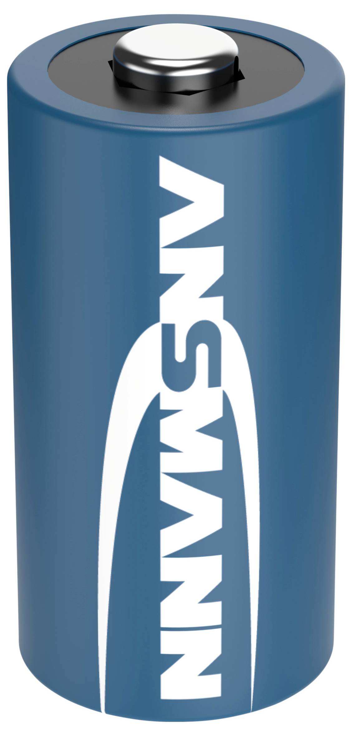 A blue battery with the inscription 'ANSMANN' in white letters, standing with the positive terminal facing upwards.