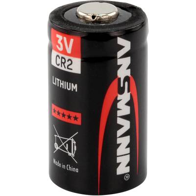 A black CR2 lithium battery with a red logo and the inscription '3V', 'CR2', 'LITHIUM', five red stars, and 'Made in China'.