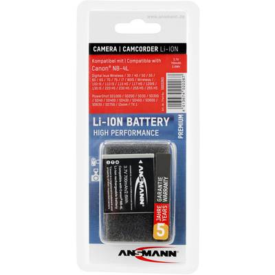 Ansmann battery pack, compatible with Canon NB-4L. 3.7V, 750mAh. Includes warranty information, camera and camcorder model list.