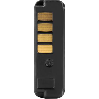 Black remote control with four orange buttons and a central button.