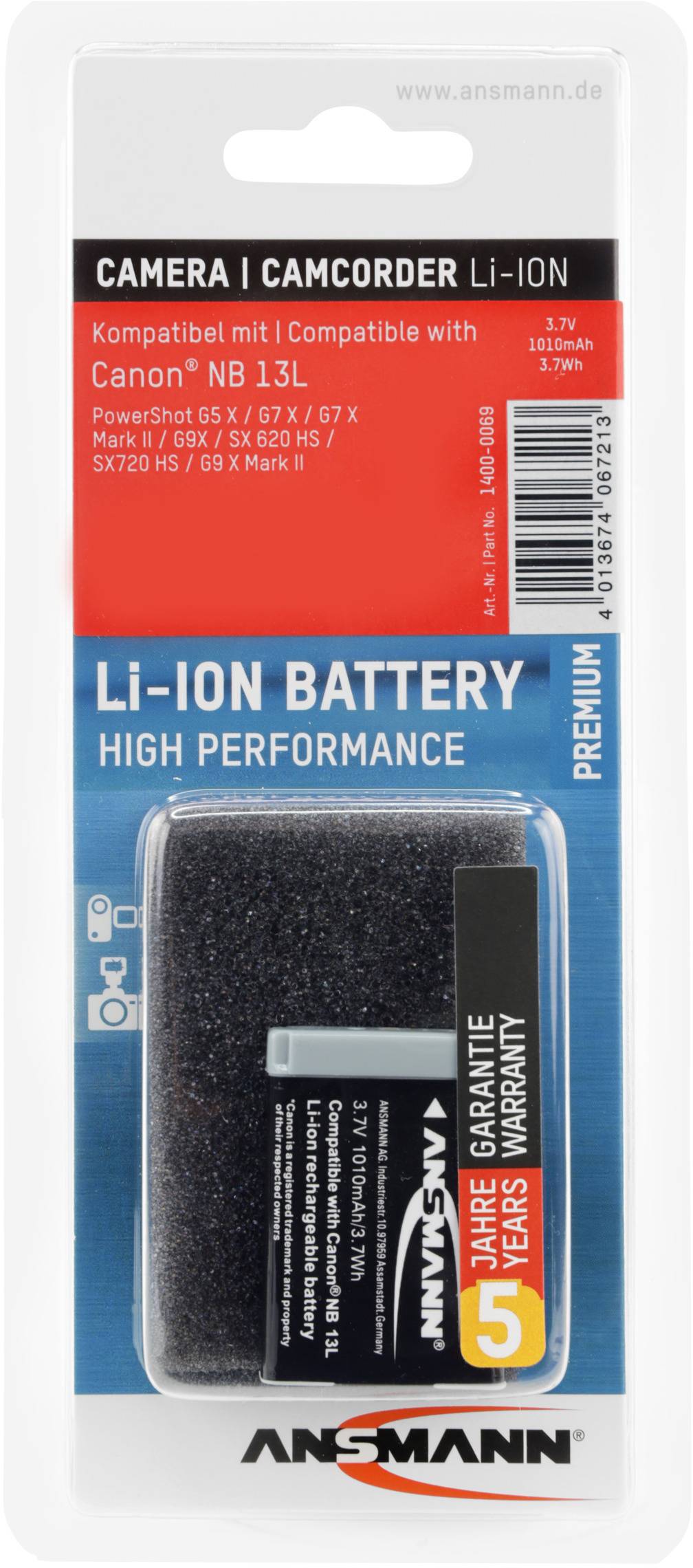 'Ansmann Li-Ion Battery for Camera/Camcorder, compatible with Canon NB 13L. High performance, 2-year warranty.'