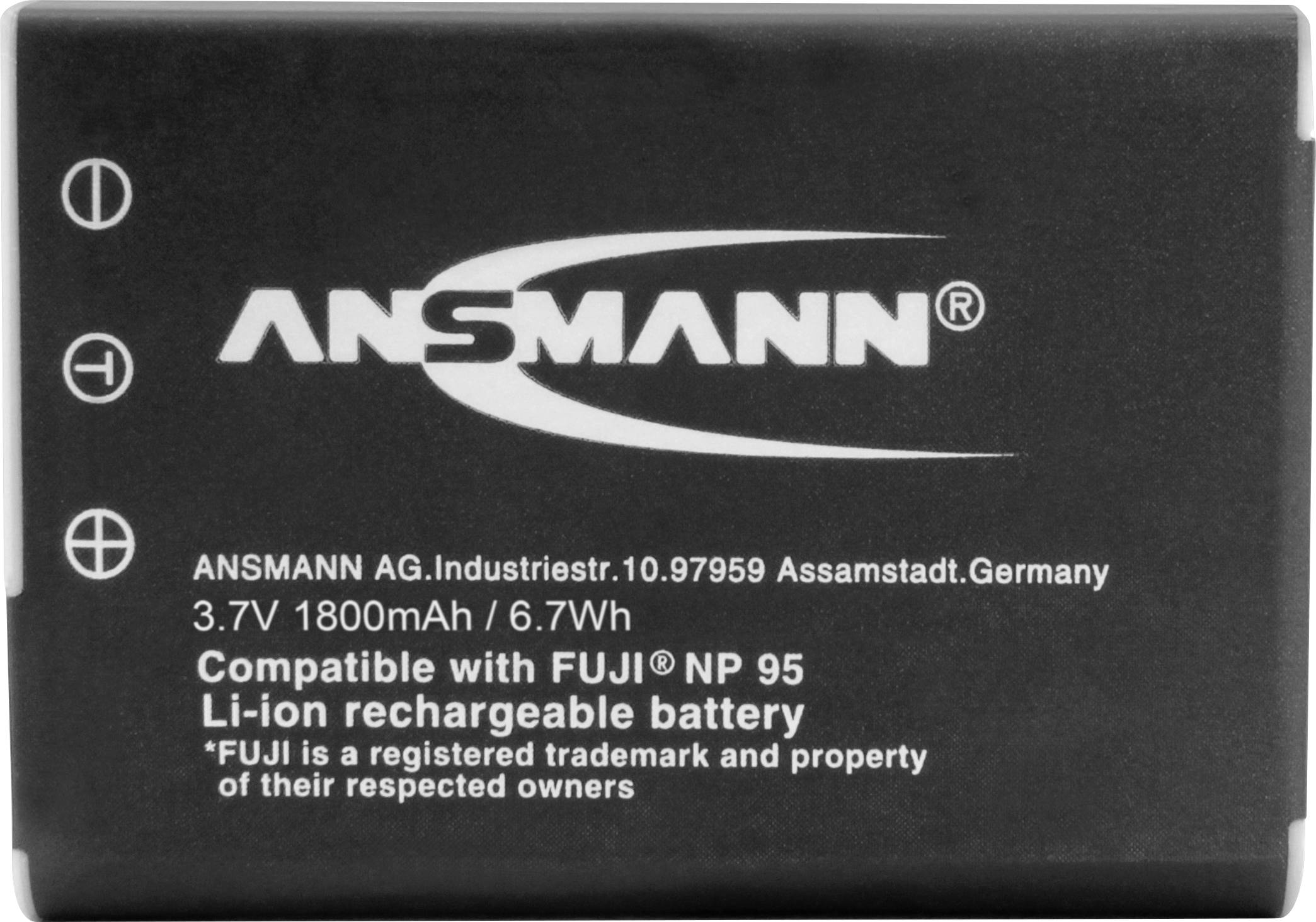 'Ansmann Lithium-Ion Battery, 3.7 V, 1800 mAh, compatible with FUJI NP 95, manufactured in Germany.'