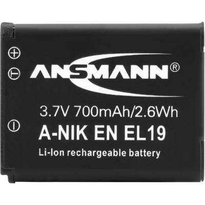 Black Li-Ion battery with the inscription 'ANSMANN 3.7V 700mAh/2.6Wh A-NIK EN EL19 Li-Ion rechargeable battery'.