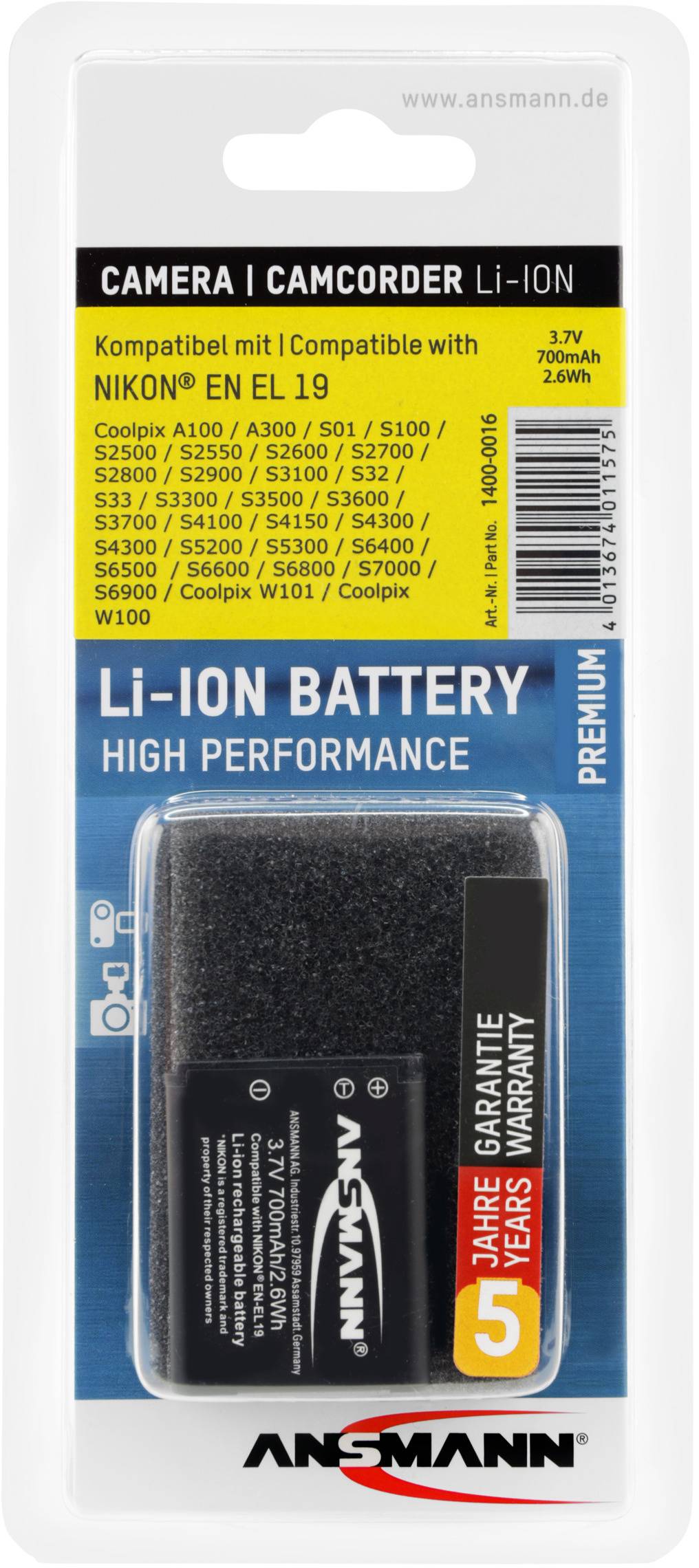 'Li-Ion Battery for Camera/Camcorder, compatible with Nikon EN EL 19 Models. 3.7V, 650mAh, 2.4Wh. 5 Year Warranty.'