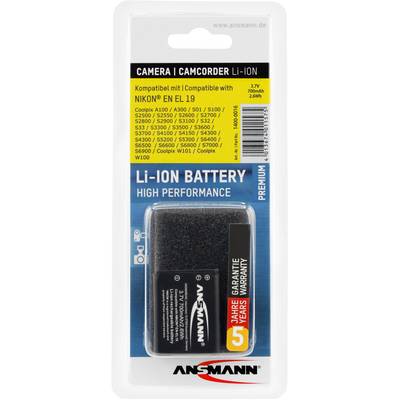 'Li-Ion Battery for Camera/Camcorder, compatible with Nikon EN EL 19 Models. 3.7V, 650mAh, 2.4Wh. 5 Year Warranty.'