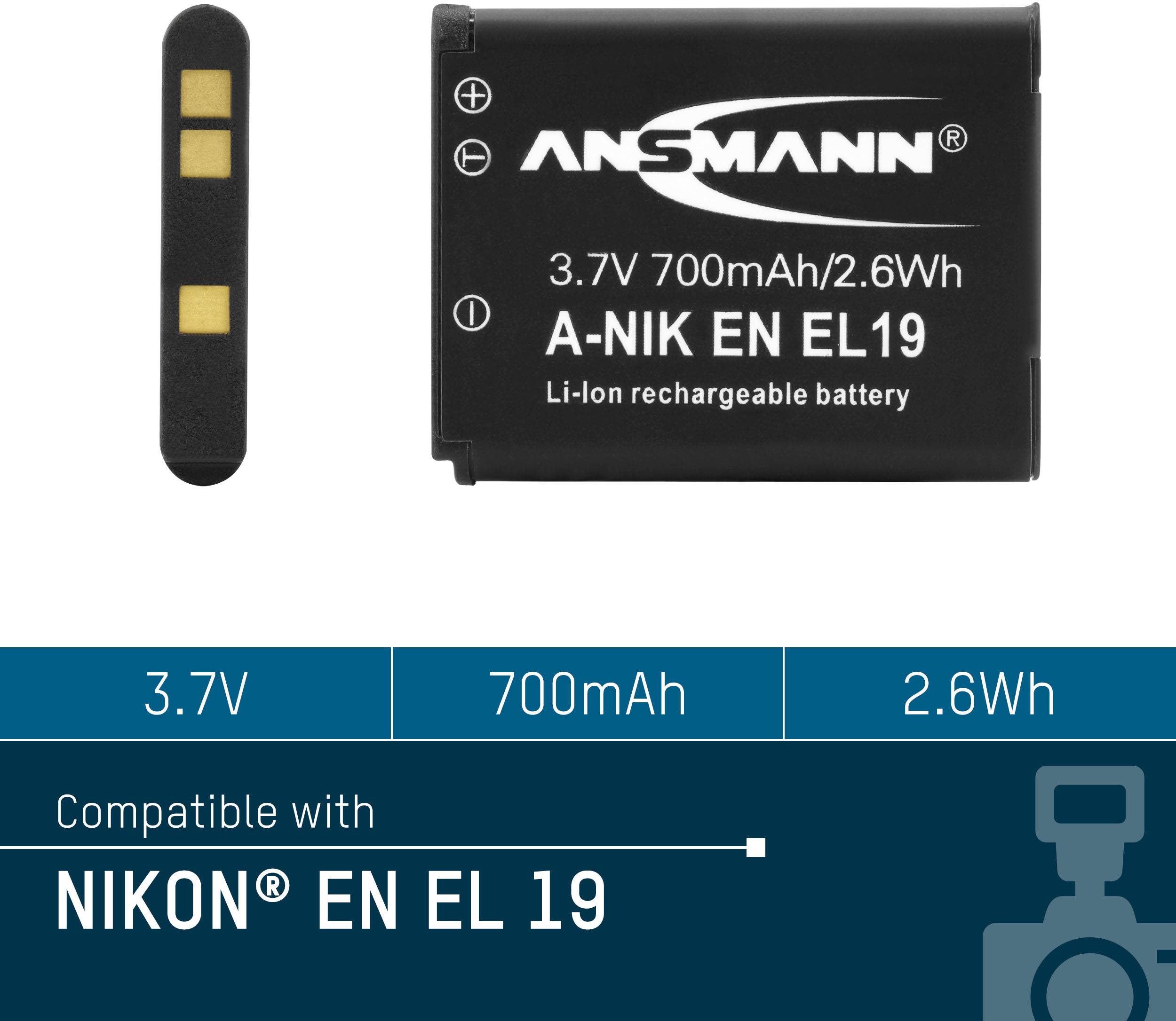 'Lithium-ion battery, 3.7V, 700mAh, 2.6Wh, compatible with Nikon EN-EL19, black with gold contacts'