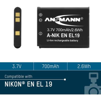 'Lithium-ion battery, 3.7V, 700mAh, 2.6Wh, compatible with Nikon EN-EL19, black with gold contacts'