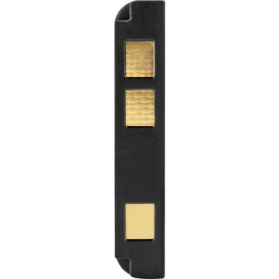 A black, rectangular compartmentalised display unit with three golden compartments arranged vertically.