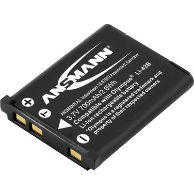 Black Lithium-ion Battery by Ansmann, 3.7V, 700mAh, compatible with Olympus LI-42B, with three golden contacts on one side.
