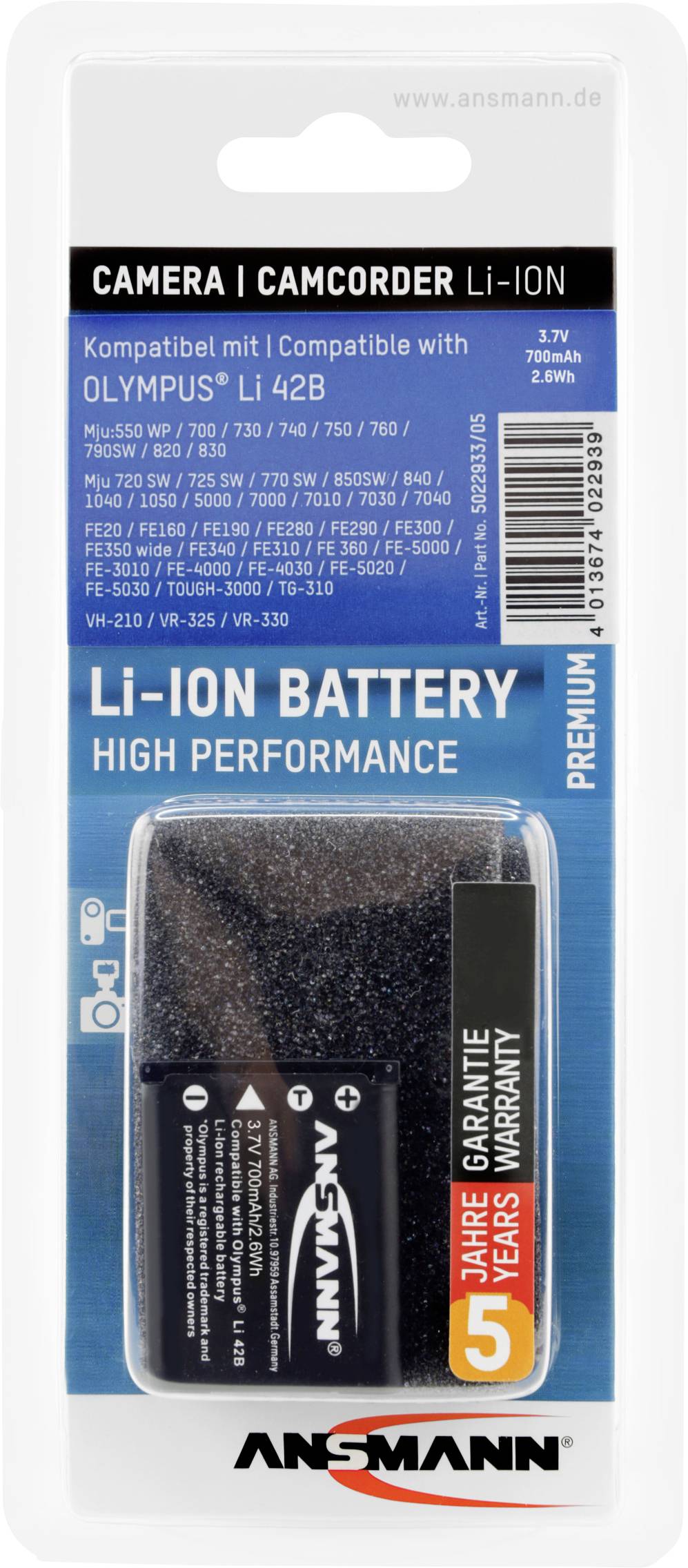 Packaged Lithium-Ion Battery by ANSMANN, compatible with Olympus Li-42B Camera and Camcorder Models. 3.7V, 2.8Wh, 750mAh. 5-year Warranty.