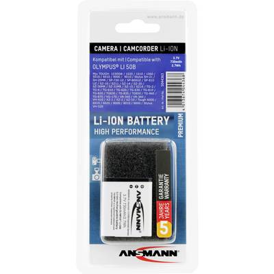 Camera/Camcorder Battery Pack. Compatible with OLYMPUS LI 50B. Li-Ion, 3.7V, 770mAh, 2.7Wh. Ansmann, 5 years warranty.