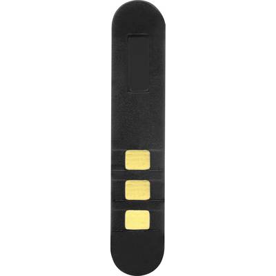 Black, rectangular USB stick-like measuring device with three gold-coloured contacts on one side.