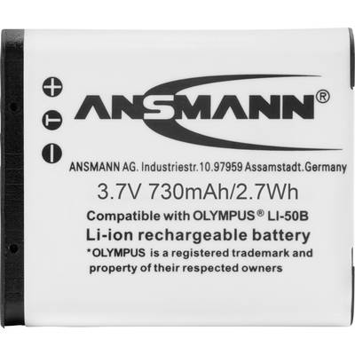 'ANSMANN' 3.7 V, 730 mAh, 2.7 Wh Li-Ion Battery, compatible with Olympus LI-50B. Manufacturer address: ANSMANN AG, Germany.