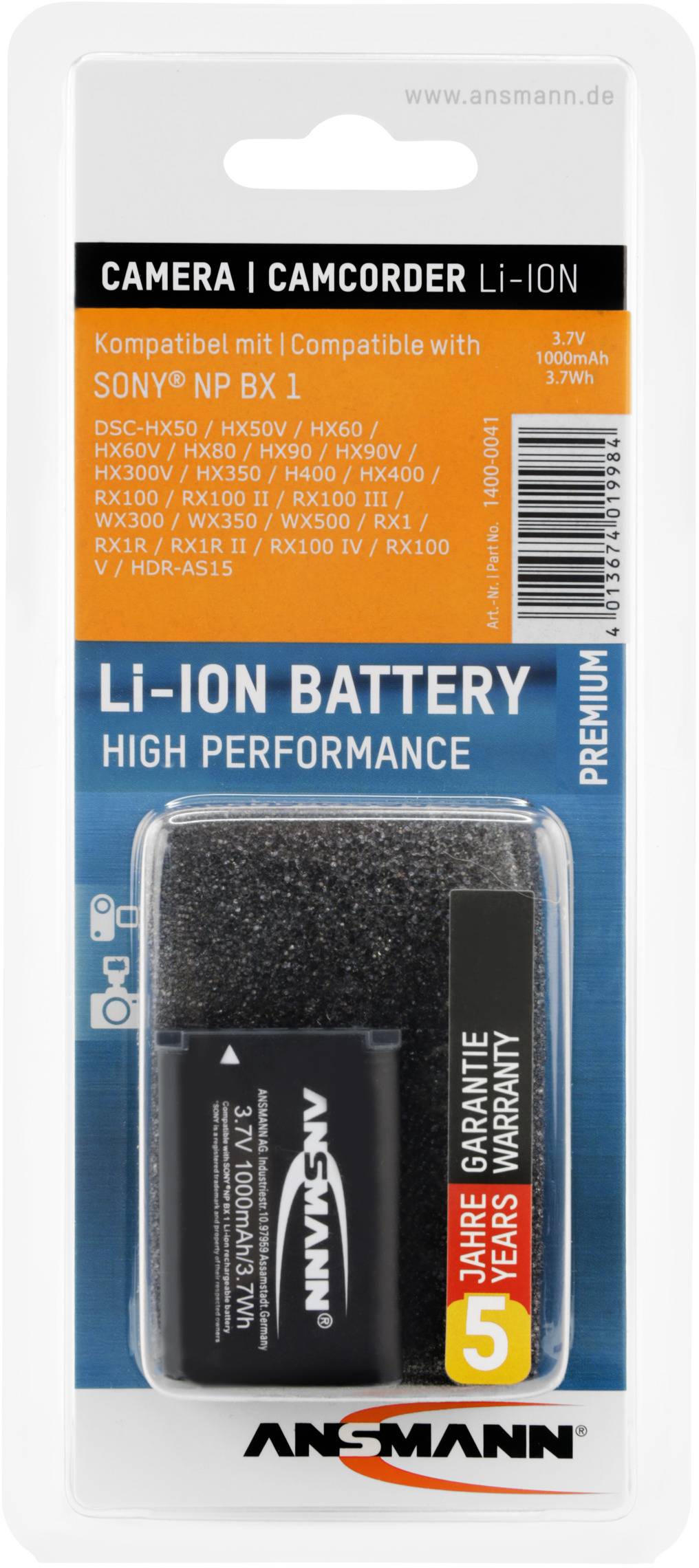 'Li-Ion Camera/Camcorder Battery, compatible with Sony NP BX 1. 3.7V, 750mAh. 5 year warranty.' Battery and packaging pictured.