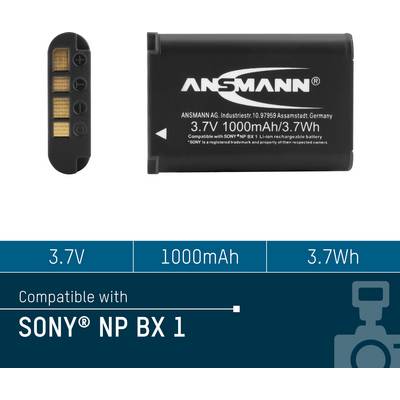 Battery indicator for Ansmann 3.7V 1000mAh 3.7Wh, compatible with Sony NP-BX1, displaying technical specifications and compatibility.