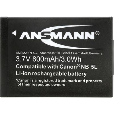 Battery with inscription '3.7V 800mAh/3.0Wh', compatible with 'Canon NB 5L'. Manufacturer: Ansmann AG, Germany.