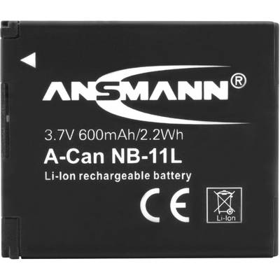 Rechargeable Li-Ion Battery Ansmann A-Can NB-11L, 3.7 V, 600 mAh, black, with CE mark and battery disposal symbol.