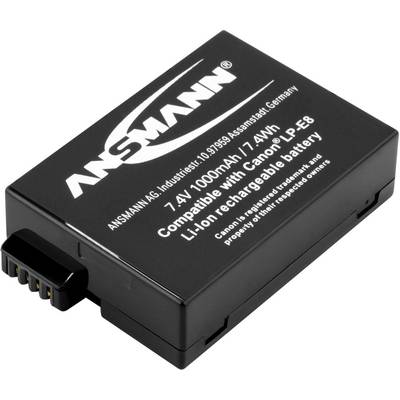 Black, rectangular Lithium-ion battery by Ansmann, 7.4 Volts, 1000 mAh, compatible with Canon camera models, manufacturer's logo on top.
