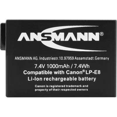 Battery from 'ANSMANN', 7.4V, 1000mAh, compatible with 'Canon LP-E8', rechargeable, manufactured in Germany.