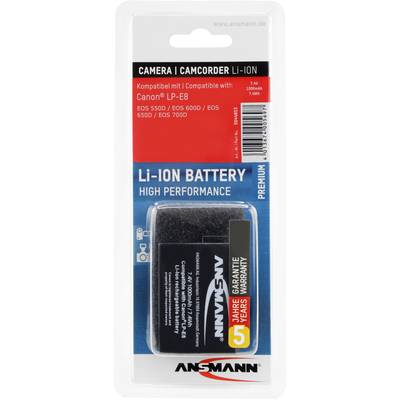 'Battery Pack for Camera/Camcorder: Li-Ion, compatible with Canon LP-E8. Voltage specifications: 7.4V, 1,025mAh, 7.6Wh. Manufacturer: Ansmann. 5 years warranty.'