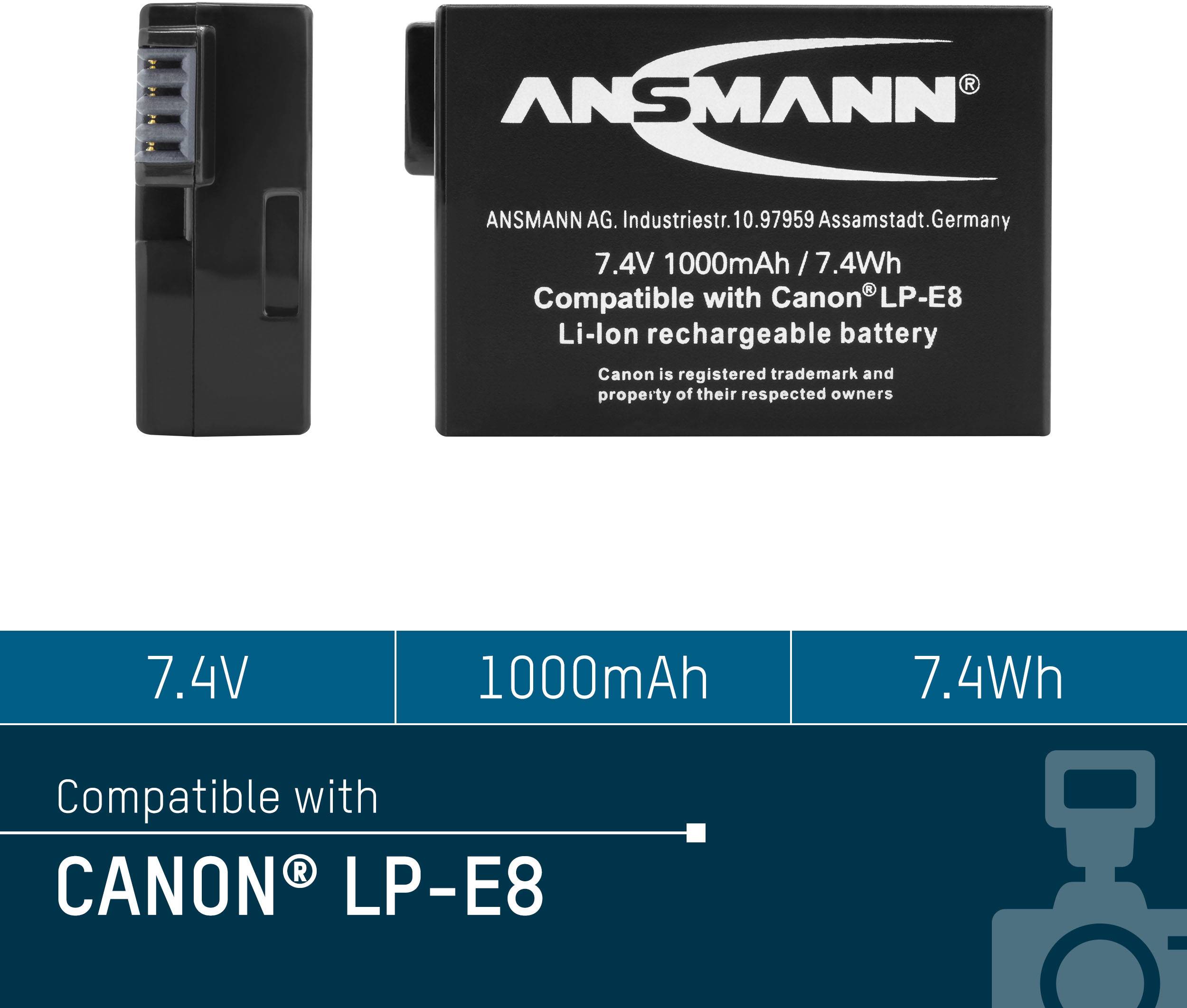 'Ansmann battery, compatible with Canon LP-E8, 7.4V, 1000mAh, 7.4Wh, rechargeable.'