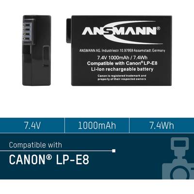 'Ansmann battery, compatible with Canon LP-E8, 7.4V, 1000mAh, 7.4Wh, rechargeable.'