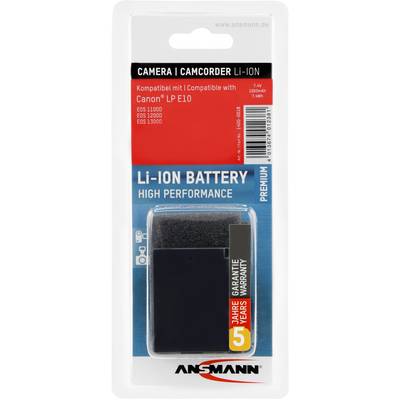 Packaging for an Ansmann Li-Ion Camera/Camcorder Battery, compatible with Canon LP E10. Includes warranty information and performance details.