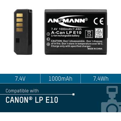 'Batteries for CANON LP E10: 7.4V, 1000mAh, 7.4Wh. Warning against extreme temperatures. Do not disassemble.'