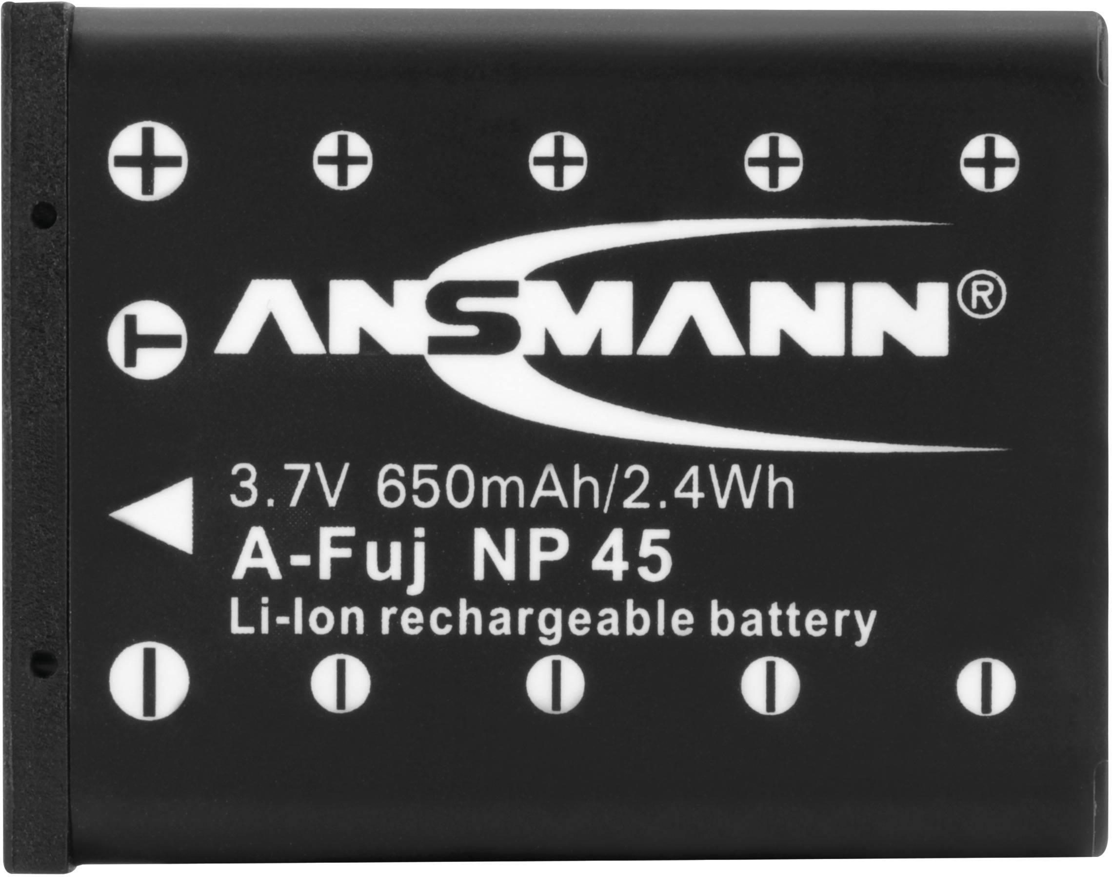 Black Li-Ion battery with inscription '3.7V 650mAh/2.4Wh', model 'A-Fuj NP 45' by 'ANSMANN'.