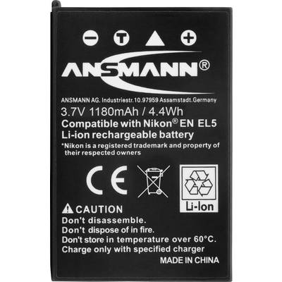 Ansmann battery, 3.7V, 1180mAh. Compatible with Nikon EN-EL5. Notes: Do not throw into fire, do not store above 60°C.