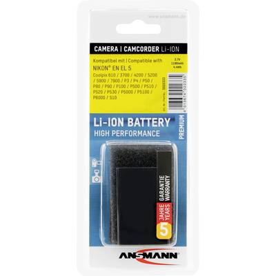 Packaging for a Li-Ion Battery for Nikon EN-EL 5 Cameras. Includes model numbers and five-year warranty. Brand logo at the bottom.