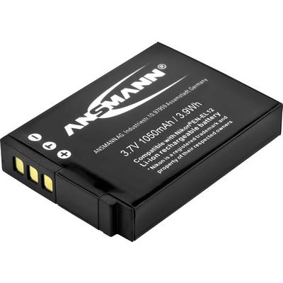 A black lithium-ion battery by ANSMANN with 3.7V and 1050mAh, suitable as a replacement for Nikon EN-EL12 batteries.