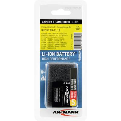 Packaging for an Ansmann Li-Ion battery, compatible with Nikon EN-EL 12. Labelling with voltage and capacity. Three-year guarantee.