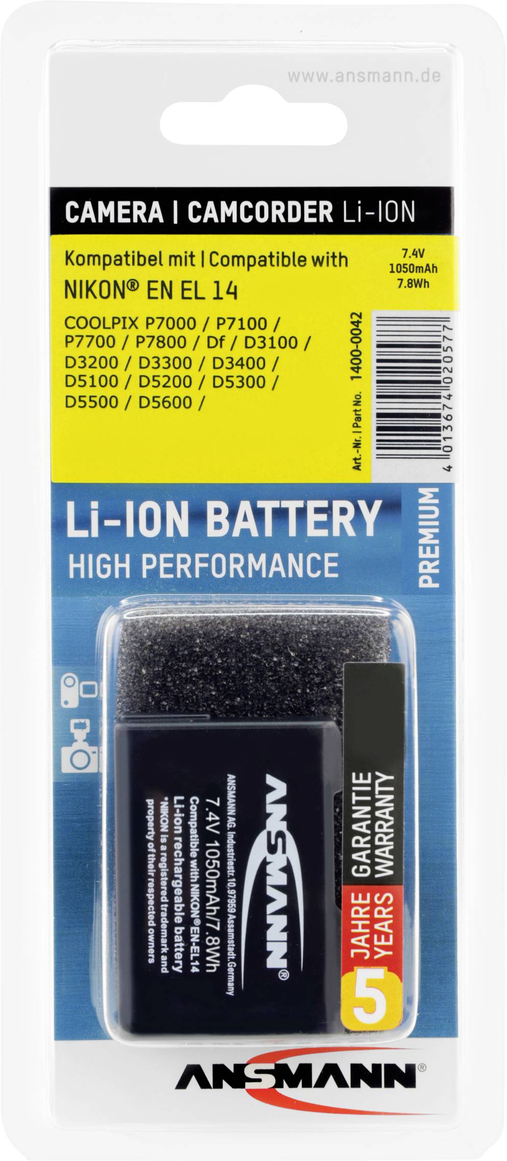 Camera/Camcorder Battery (Li-Ion) by Ansmann, compatible with Nikon EN-EL14 models, 7.4V, 950mAh, 7.1Wh. 2 years warranty.