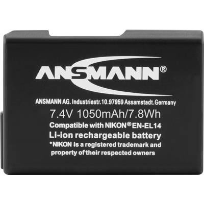 Black Ansmann Li-Ion battery with 1050mAh, 7.4V. Compatible with Nikon EN-EL14. Manufacturer: ANSMANN AG, Germany.
