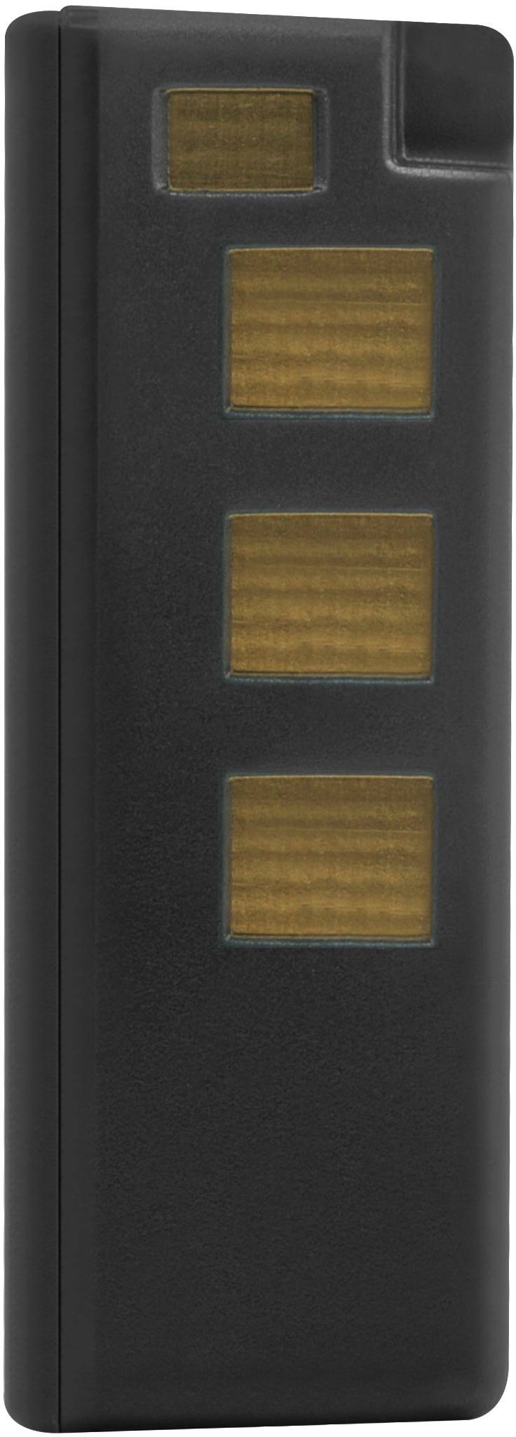Black portable charger with three amber-coloured solar cells on the front.