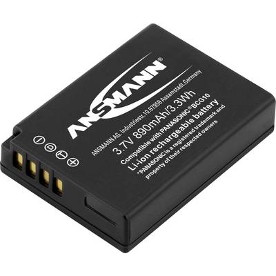 Black battery with print: 'ANSMANN 3.7V 890mAh 3.3Wh'. Compatible with Panasonic DMC-CG10. Lithium-ion technology.