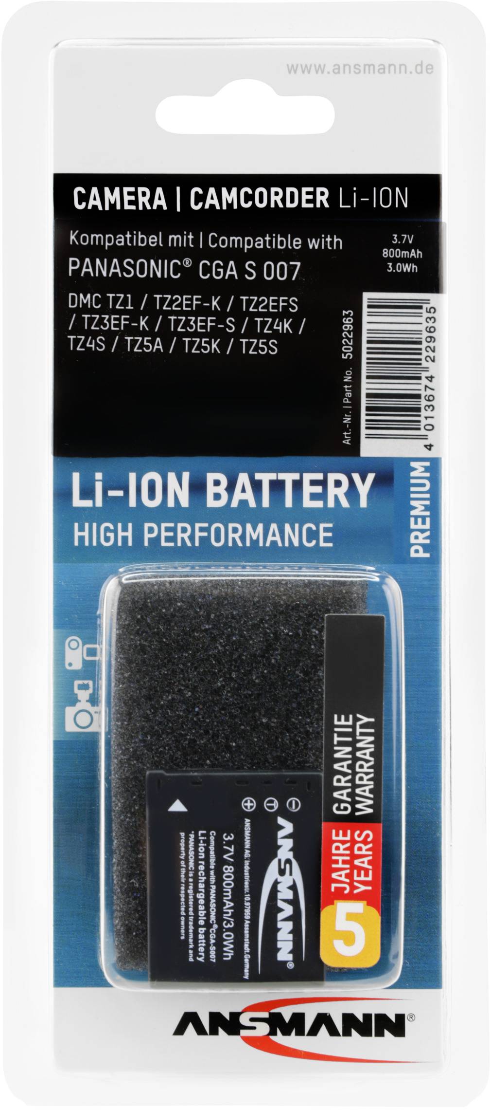'ANSMANN Li-Ion Battery for Panasonic Camera/Camcorder, Model CGA S 007. Voltage: 3.7V, Capacity: 700mAh. 3 Years Warranty.'