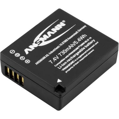 An Ansmann rechargeable Li-ion battery, model AP-10, 7.4V, 730mAh, 5.4Wh, in black with gold contacts.