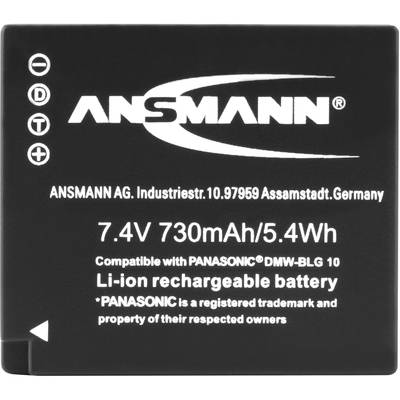 Ansmann battery with 7.4V and 730mAh capacity; compatible with Panasonic DMW-BLG 10, lithium-ion technology.