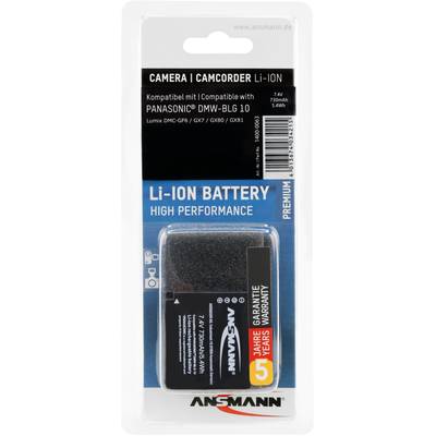 A black Ansmann Li-Ion camera battery pack, compatible with Panasonic DMW-BLG 10. Highlighted 3-year guarantee.
