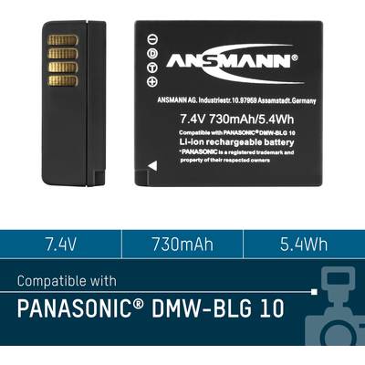 'Ansmann 7.4V 730mAh 5.4Wh Li-Ion rechargeable battery, compatible with Panasonic® DMW-BLG 10.'