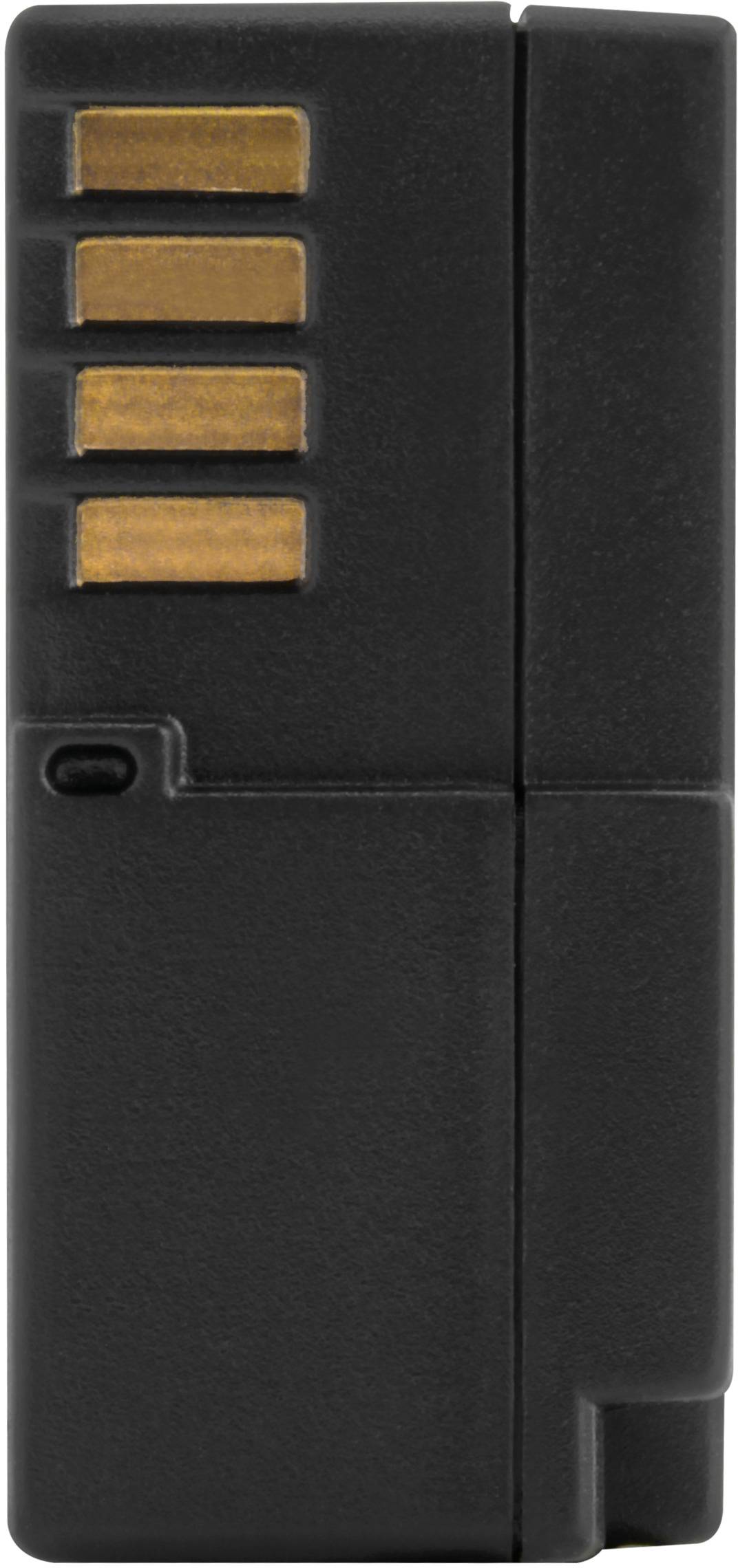 Black memory module with four golden contacts on one side, commonly used in gaming devices or computers for data storage.